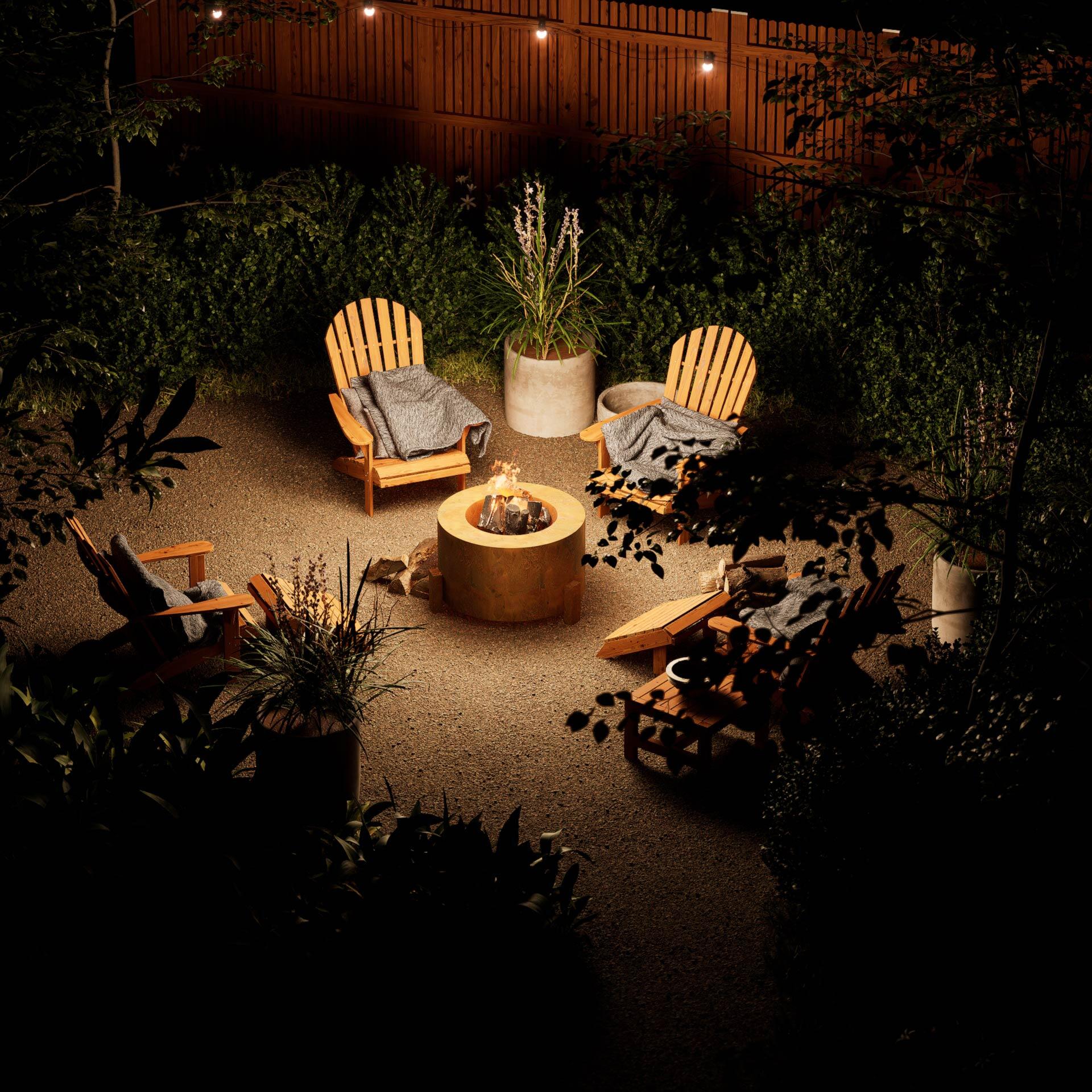 Corten steel fire pit in the garden from above