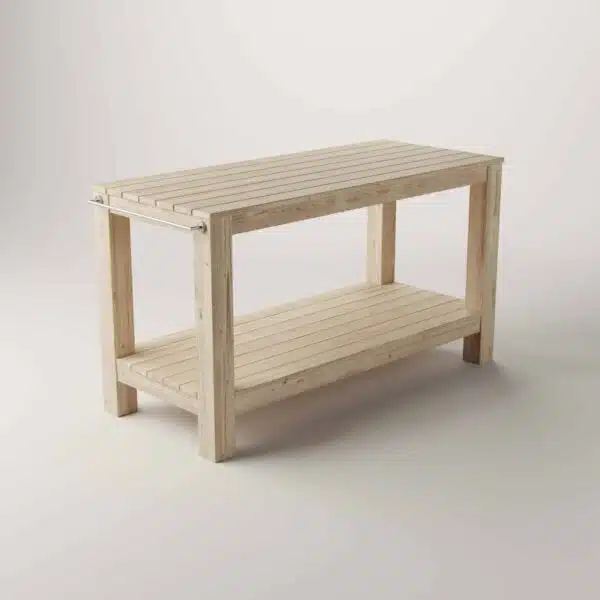 Outdoor kitchen island seen from a diagonal front view