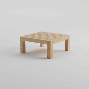 Loungebord solviken sedd snett framifrån. Bordet är ett cafébord av trä.