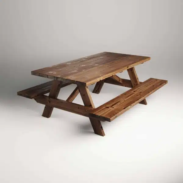 Picnic table viewed from a diagonal front angle