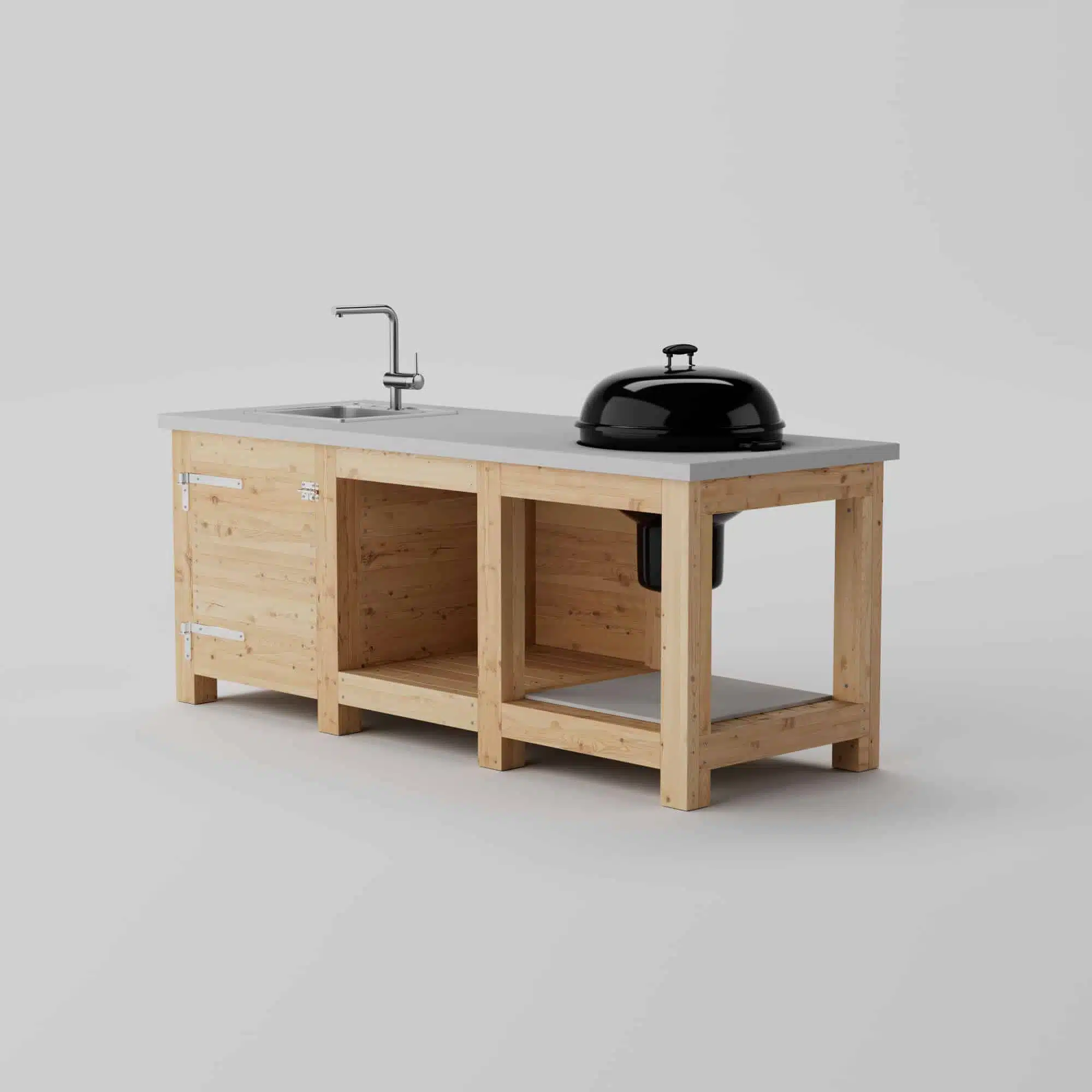 Outdoor kitchen with concrete top and grill from angled front view