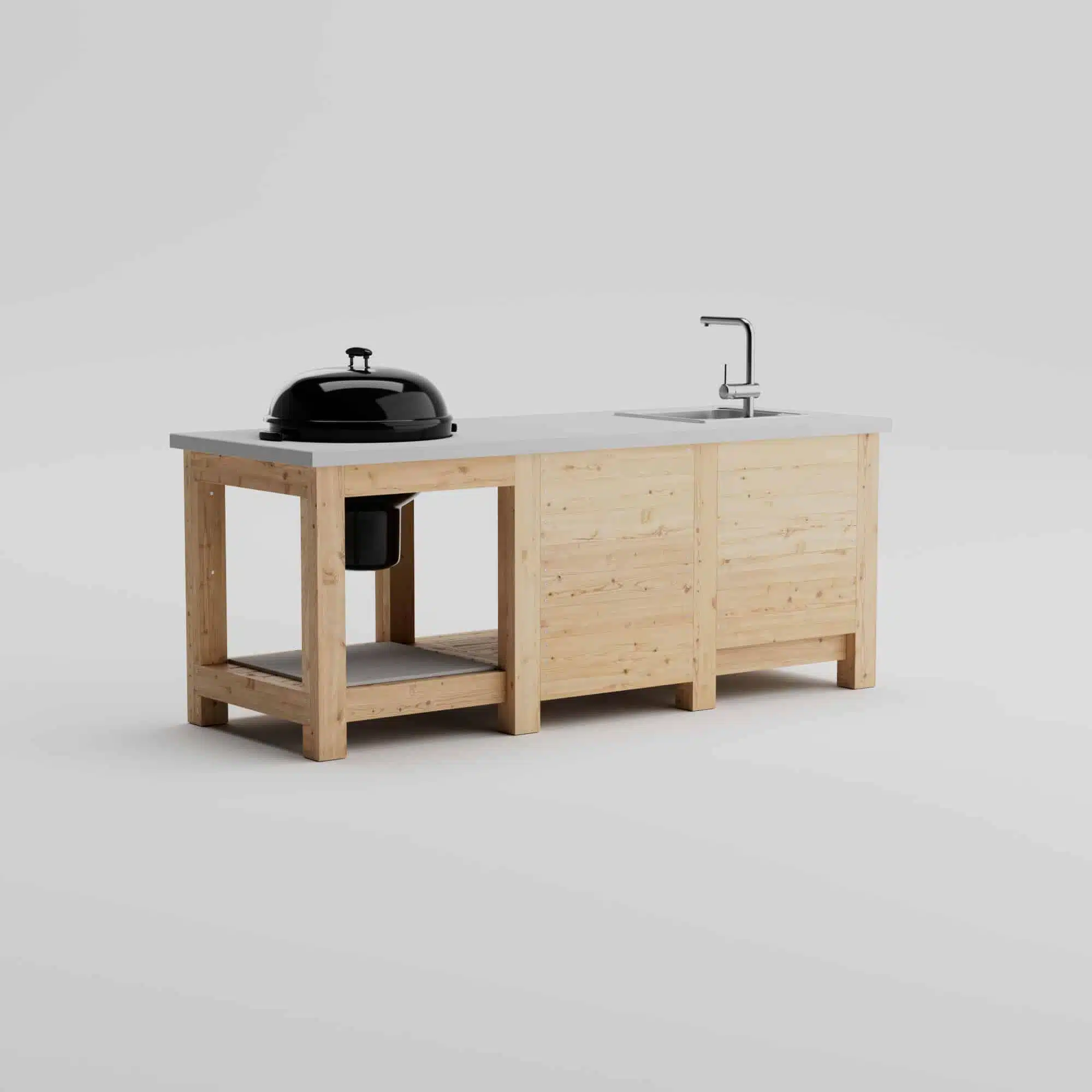 Outdoor kitchen with concrete top and grill from angled back view