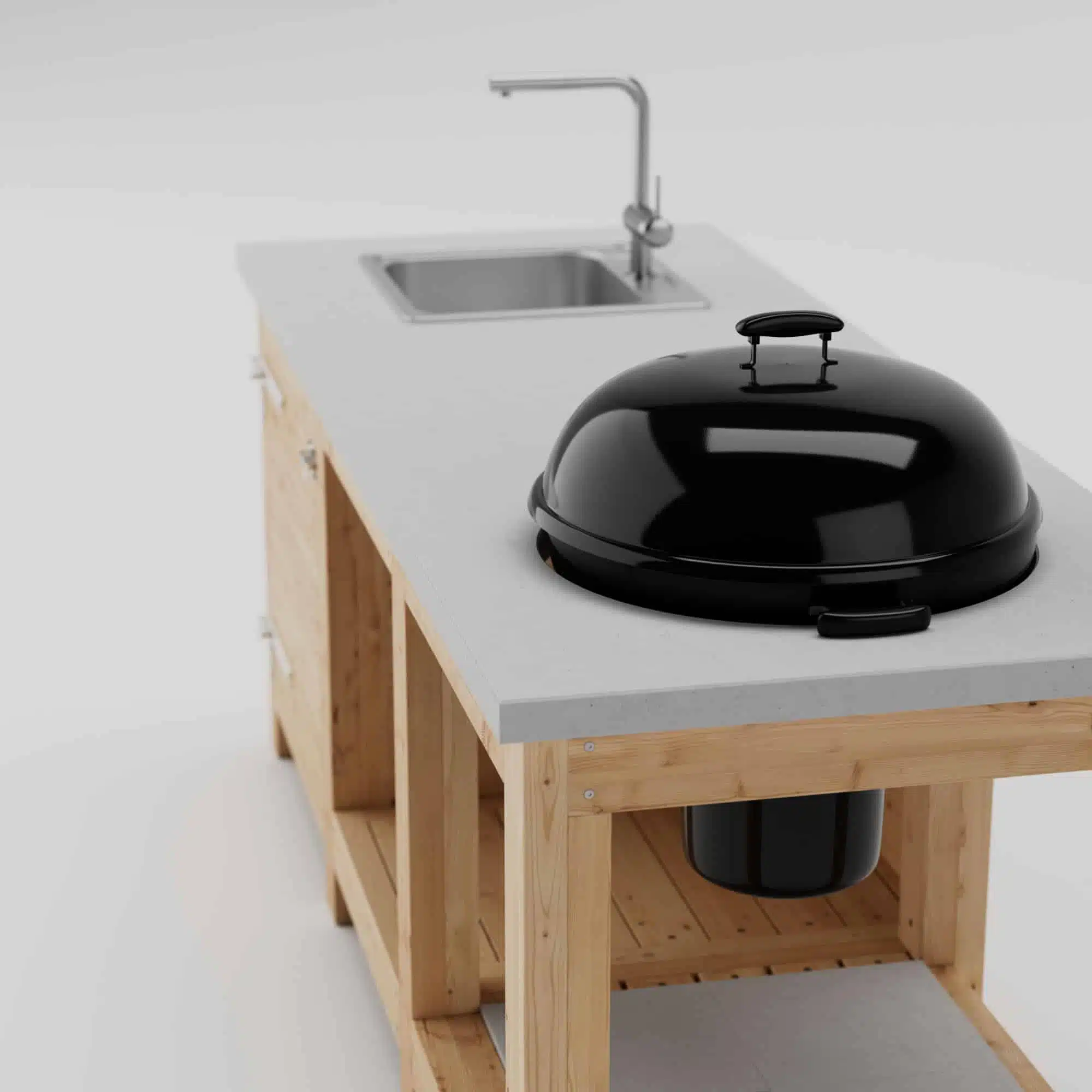 Outdoor kitchen with concrete top and grill close-up from above