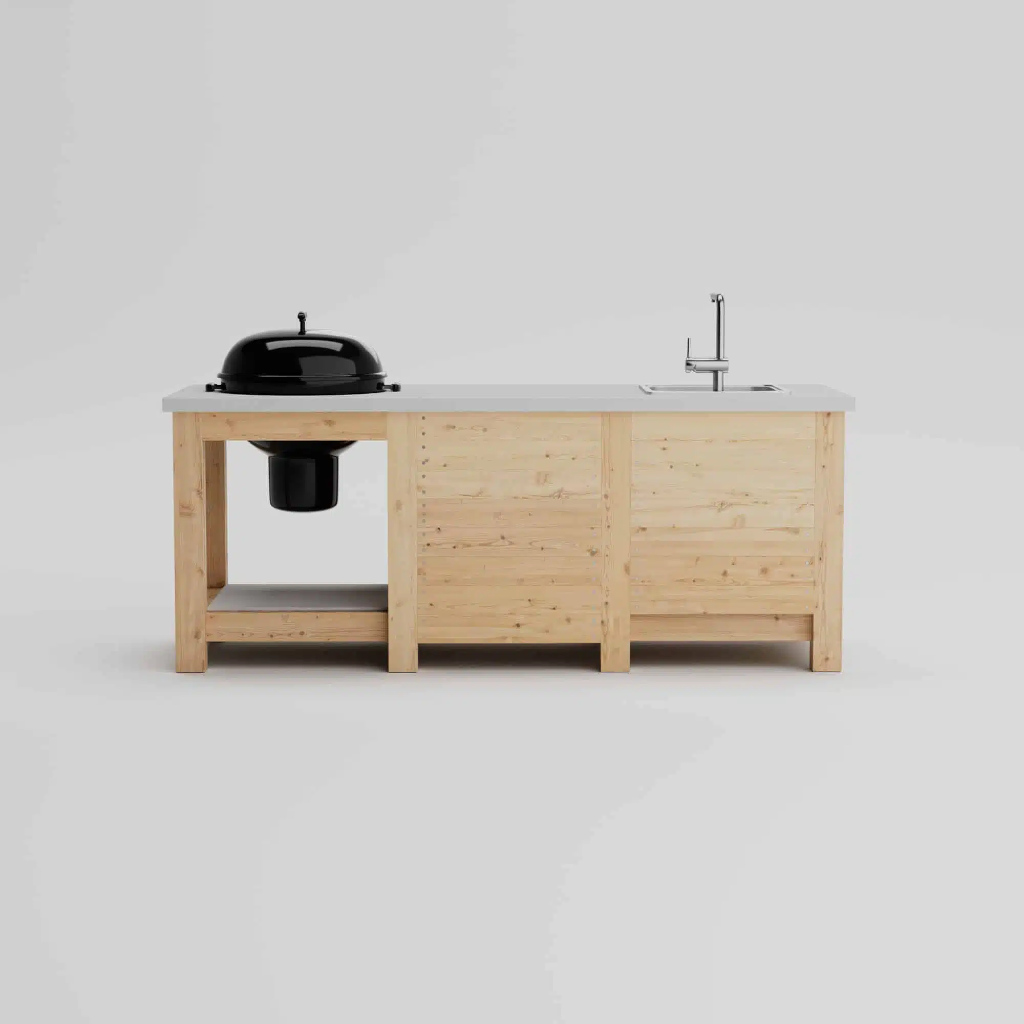 Outdoor kitchen with concrete countertop and grill back view