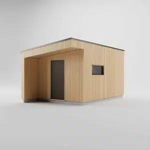 Fritidshus 15m2 funkis skrått forfra. Ubehandlet furu og svart tak. Ett vindu.