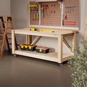 Byggebeskrivelse for hvordan man bygger en stor arbejdsbænk på hjul - DIY - Egenbygget