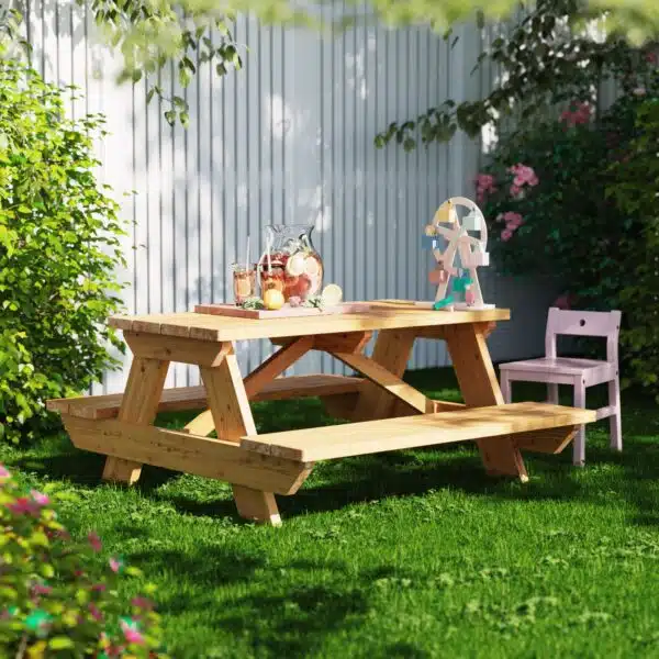 Children's picnic table environmental image in a garden