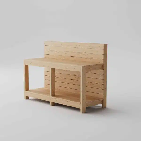 Wooden outdoor kitchen angled from the front